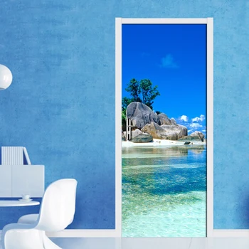 Голубое Небо, Белые Облака, Пейзаж Острова, 3D Наклейка на дверь, Фотообои, Гостиная, Спальня, Водонепроницаемые Наклейки на Дверь, Домашний Декор 2