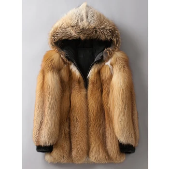 2019 Новое мужское пальто из золотистого лисьего меха, Модная меховая куртка с капюшоном, мужское зимнее пальто, кожаная куртка 0