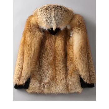 2019 Новое мужское пальто из золотистого лисьего меха, Модная меховая куртка с капюшоном, мужское зимнее пальто, кожаная куртка 1