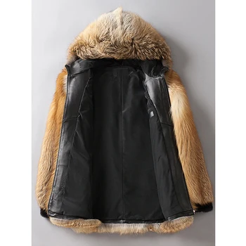 2019 Новое мужское пальто из золотистого лисьего меха, Модная меховая куртка с капюшоном, мужское зимнее пальто, кожаная куртка 2