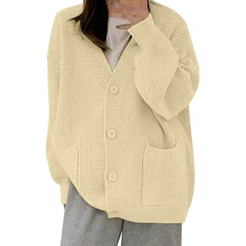 Женская однотонная свободная куртка-кардиган с длинными рукавами и V-образным вырезом и большими карманами