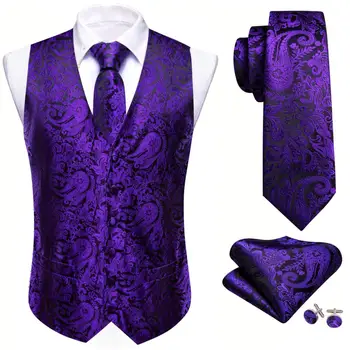 Дизайнерский шелковый жилет для мужчин, жилет фиолетового, черного цвета, жилет с узором Пейсли, галстук-бабочка, комплект без рукавов, Свадебный деловой костюм Barry Wang