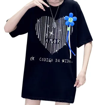 Уличная футболка в стиле хип-хоп, Женская одежда, Летние Свободные футболки средней длины в стиле Харадзюку в полоску с сердечками, хлопковые женские топы 0