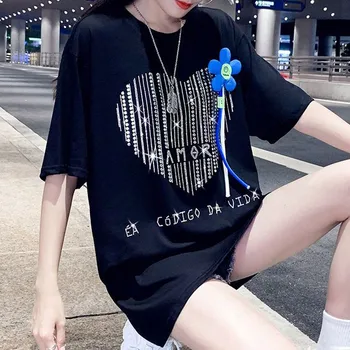 Уличная футболка в стиле хип-хоп, Женская одежда, Летние Свободные футболки средней длины в стиле Харадзюку в полоску с сердечками, хлопковые женские топы 4