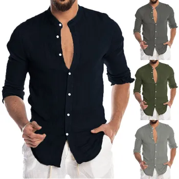 2000 Мужская модная повседневная рубашка Однотонный воротник Рубашка с длинным рукавом Топ Удобные хлопковые Высокие рубашки Прямая поставка