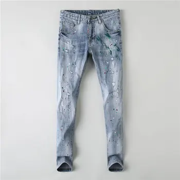 Высокие Уличные модные мужские джинсы в стиле Ретро, светло-голубые, эластичные, облегающие рваные Джинсы, мужские раскрашенные дизайнерские брюки-карандаш в стиле хип-хоп