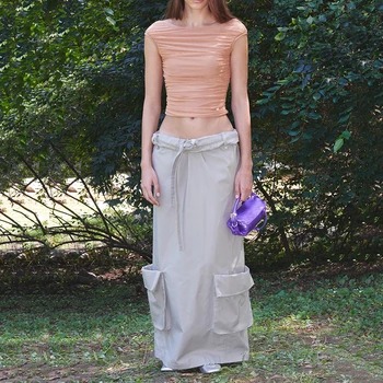 женская юбка y2k с объемными карманами после открытой вилки, новинка 2023, стометровая тонкая юбка с откидной талией, завязанная на рабочей уличной юбке