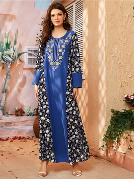Модное новое мусульманское женское темпераментное платье для пригородных поездок с круглым вырезом и принтом в виде блесток, тонкое контрастное платье с длинным рукавом и вышивкой 2