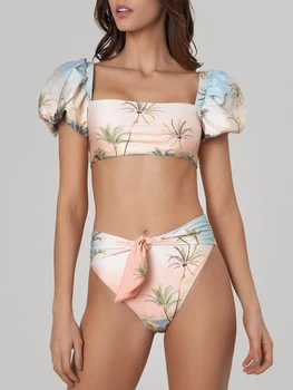 Модные милые ретро рукава Принцессы с кокосовым принтом пляжных пейзажей, Праздничный Повседневный Дизайн на шнуровке, облегающий купальник-бикини с разрезом 0