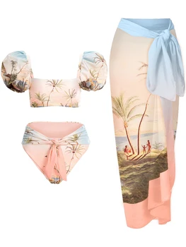 Модные милые ретро рукава Принцессы с кокосовым принтом пляжных пейзажей, Праздничный Повседневный Дизайн на шнуровке, облегающий купальник-бикини с разрезом 1