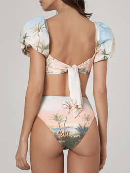 Модные милые ретро рукава Принцессы с кокосовым принтом пляжных пейзажей, Праздничный Повседневный Дизайн на шнуровке, облегающий купальник-бикини с разрезом 2