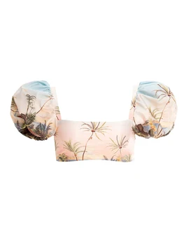 Модные милые ретро рукава Принцессы с кокосовым принтом пляжных пейзажей, Праздничный Повседневный Дизайн на шнуровке, облегающий купальник-бикини с разрезом 3