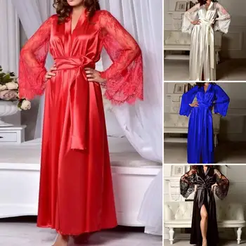 Шикарная Женская пижама, Атласный кардиган Макси длины с большими рукавами, Перспективный Женский халат для сна 2