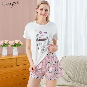 Женский пижамный комплект, Летняя пижама с короткими рукавами, Пижама с милым мультяшным принтом, Женский комплект для домашнего обслуживания
