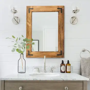 Настенное зеркало в деревянной раме, декоративное деревянное настенное зеркало для туалетного столика в гостиной или ванной, прямоугольное зеркало для ванной комнаты в фермерском доме Han