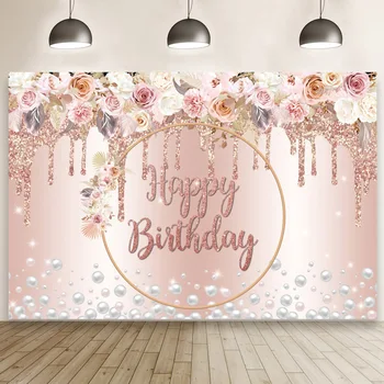 Фон для Фотосъемки из Розового Золота С Днем Рождения, Розовые цветы, Девушки, Женщины, Фон для фотосъемки на День рождения, Декор для торта, Баннер