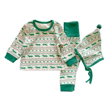 Комплекты Одежды для новорожденных девочек 2021 г., Рождественский комбинезон с принтом олененка + брюки, Осенний костюм, Новая шерстяная теплая детская одежда для мальчиков