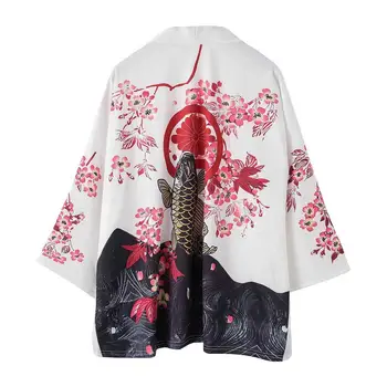 Летнее японское Кимоно с цветочным принтом Карпа, кардиган Хаори Юката, мужской костюм Самурая, куртка, мужская рубашка