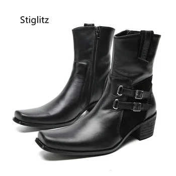 Мужские ботильоны из натуральной кожи с двойной пряжкой, черные ботинки в западном стиле на высоком каблуке, защитная обувь для работы в стиле панк с боковой молнией