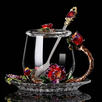 Эмалированные стеклянные кофейные кружки с красным цветком, Чайные кружки, Персонализированные кружки для пива, Прозрачные стеклянные чашки, Милая чашка для питья 3