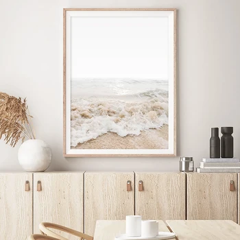 Современный пейзаж с океанской волной, картины на холсте, Нейтральный прибрежный плакат, Настенное искусство, пастельная пляжная картина для декора комнаты, бескаркасная