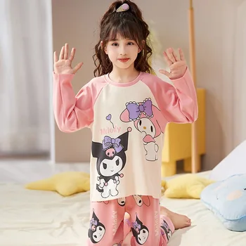 Kawaii Hello Kitty Sanrio Детская Ночная рубашка Y2K Аниме Мелоди Куроми Осенний Пижамный Комплект Cinnamoroll Домашняя Одежда Для Девочек Детская Одежда