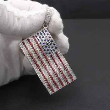Шарм Америка Флаг США Драгоценный камень Подлинное ожерелье из стерлингового Серебра Подвеска