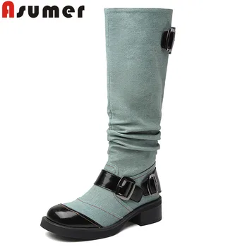 ASUMER / Новинка 2023, Джинсовые сапоги до колена в уличном стиле, Женские осенние ботинки с пряжкой, разноцветные ботинки на среднем квадратном каблуке